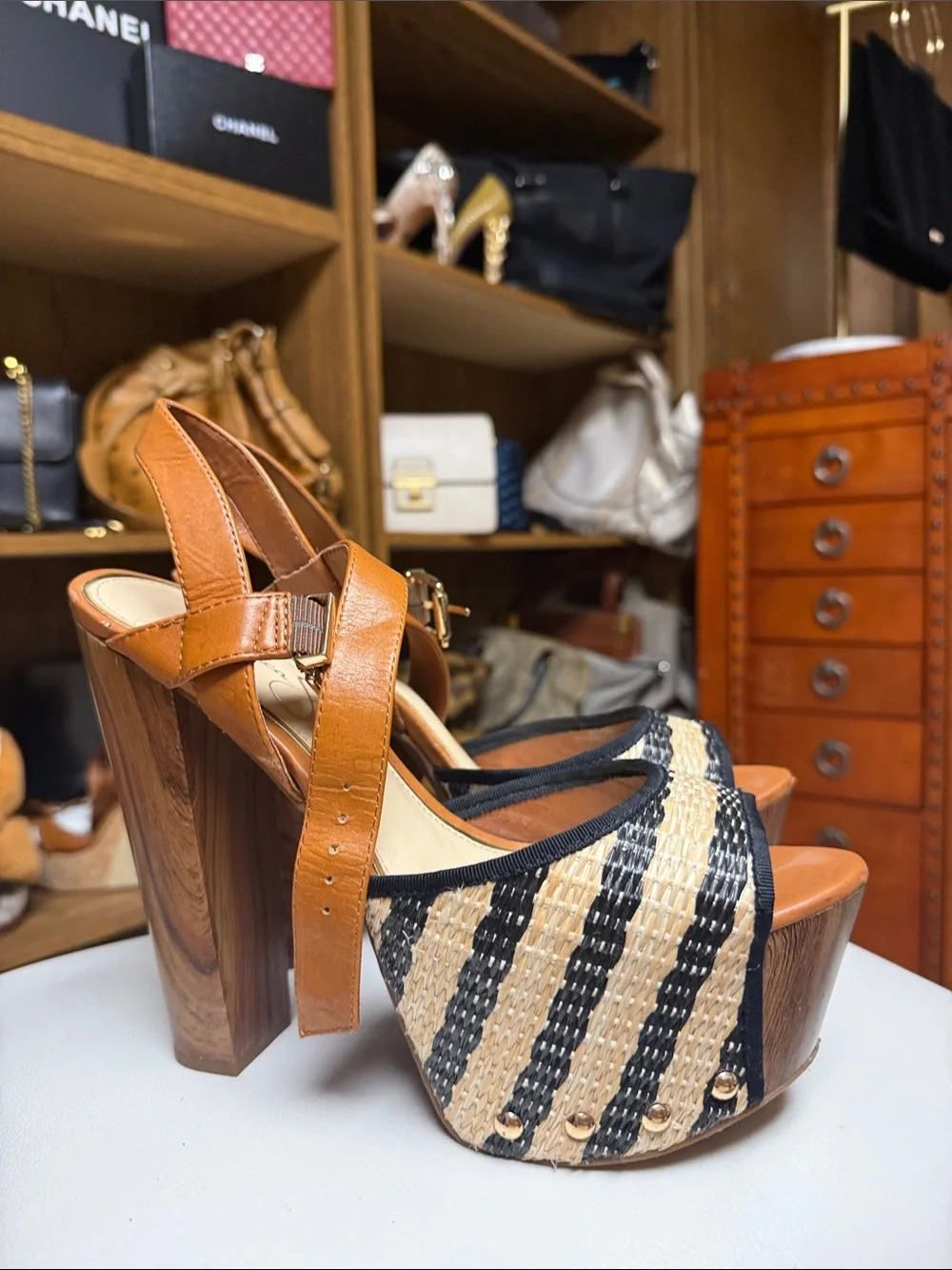 Jessica Simpson Platform Peep-Toe Sandals in Tan and Black - Women's